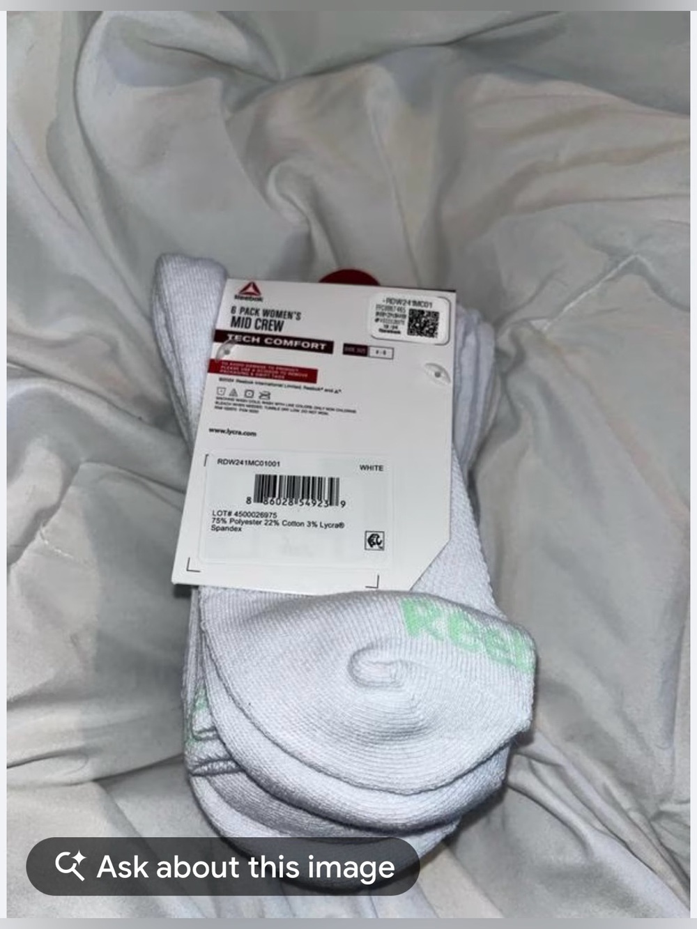 #3251*Reebok White Athletic Crew Socks with Navy Logo - 6 Pair